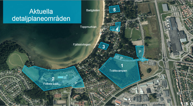 Flygbild som visar de fem aktuella detaljplaneområden för Lalandiaprojektet.