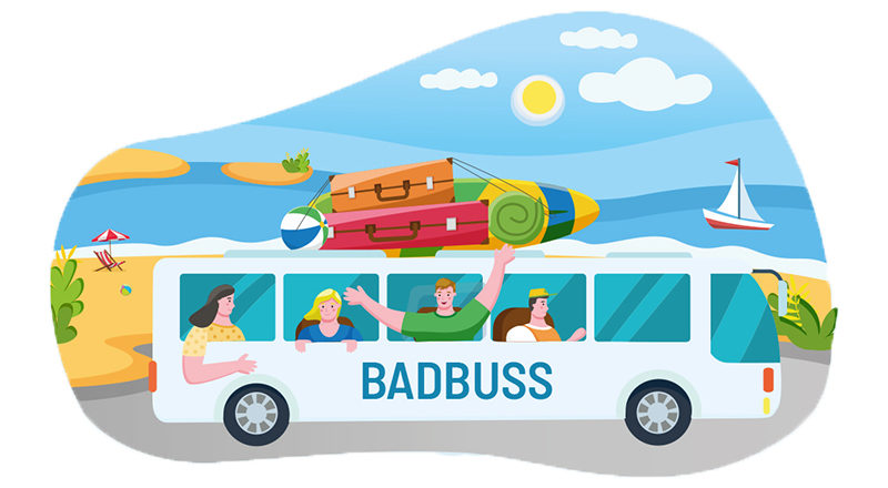 Animerad bild med en buss. Det är sommar och människor i bussen ska till stranden. På bussen står "Badbuss".