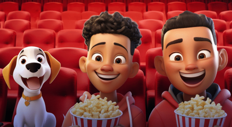 Ai-genererad bild av två pojkar och en hund i en biosalong
