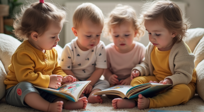 AIgenererad bild av fyra små barn som tittar i böcker