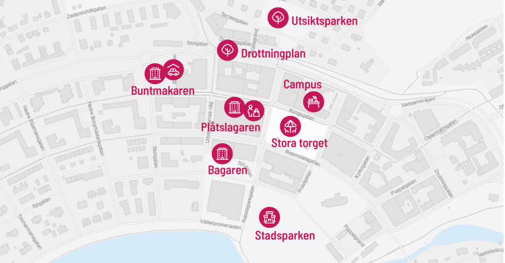 Karta som visar aktuella projekt i Centrum. Kartan innehåller ikoner som symboliserar önskade effekter vid genomförandet av projekten.