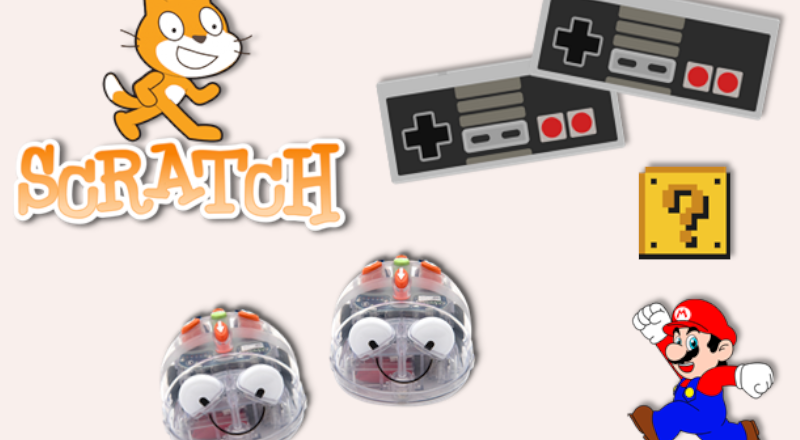 Diverse spelattribut bland annat handkontroller till Nintendo SNES, blue-bot och en hoppande Mario