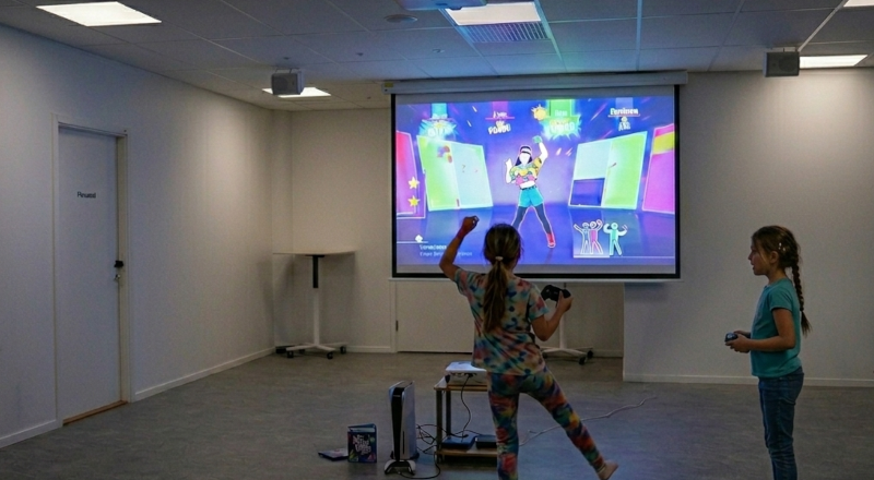 Ai-genererad bild av ett barn som står framför en stor skärm och spelar just dance