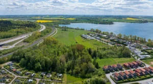 Flygbild över området Dynudden i Motala. Foto.