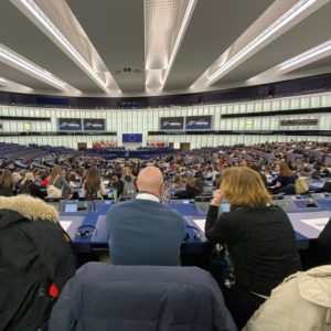 Människor i den stora plenissalen i EU-parlamentet. Foto.