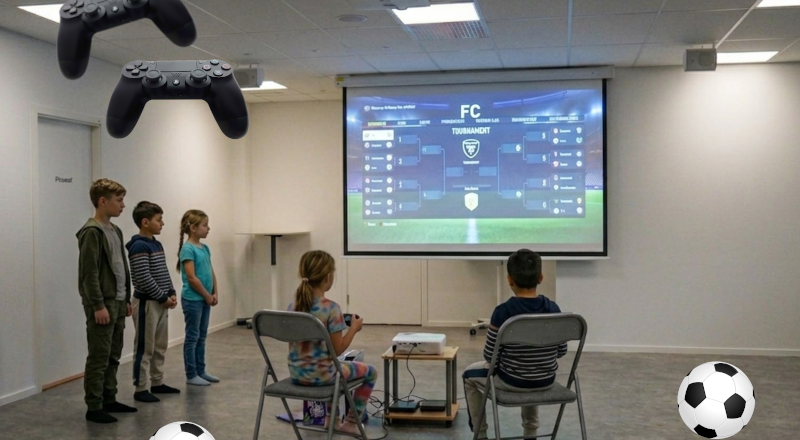 Ai-genererad bild av två barn som splear FC-turnering på en stor skärm