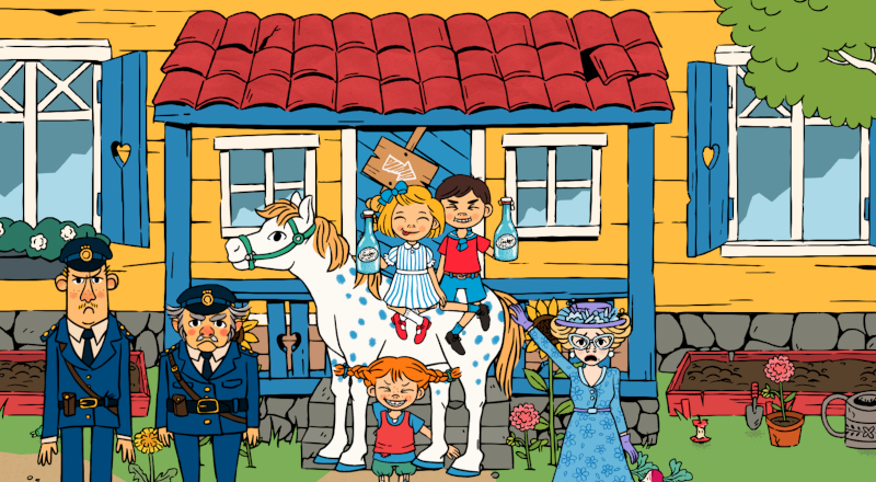 Karaktärer från Pippi Långstrump framför pippis hus