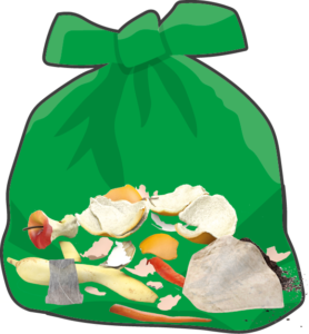 Illustration på en grön påse med matavfall i.