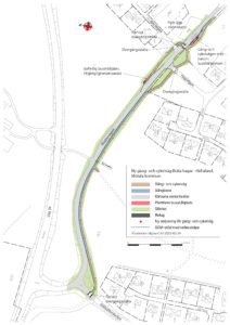 Skiss som visar var den nya gång- och cykelvägen längs Husbyvägen kommer att byggas.