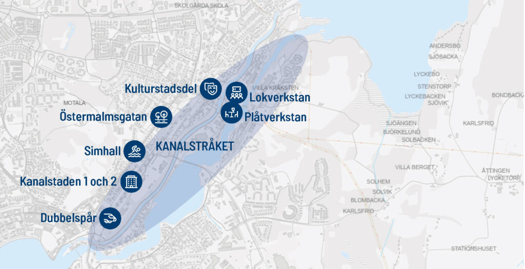 Kartan visar det aktuella området för Kanalstråket samt symboler som visar förväntade och önskade effekter av genomförandet.