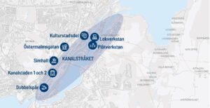 Kartan visar det aktuella området för Kanalstråket samt symboler som visar förväntade och önskade effekter av genomförandet.
