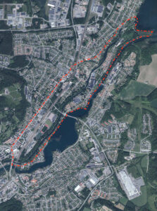 Kartbild med markering som visar Kanalstråkets avgränsning. Foto.