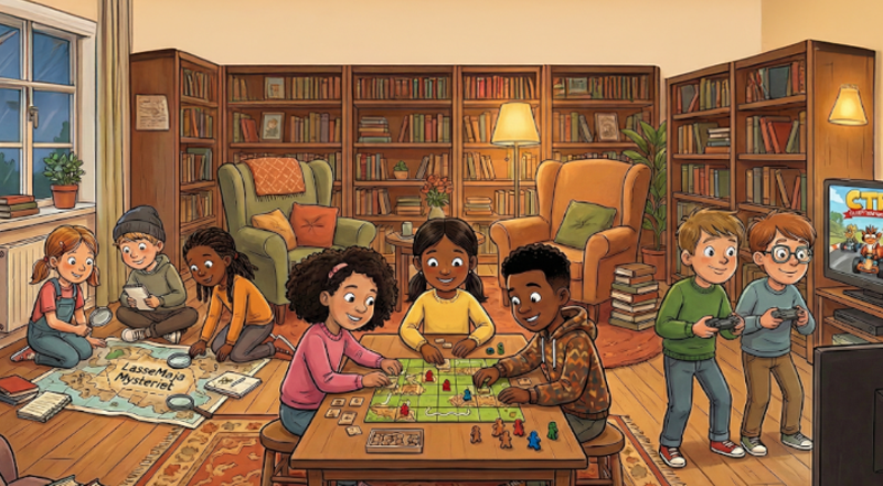 illustration av barn som spelar olika slags spel