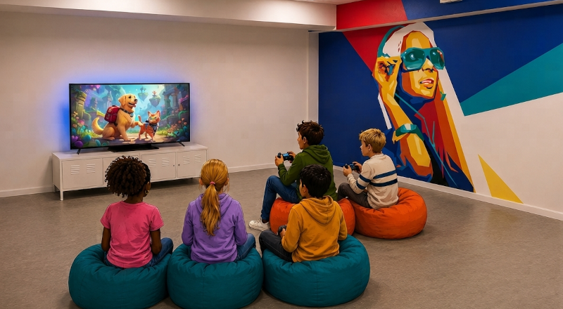 Ai-genererad bild på fem barn som sitter och spelar playstation