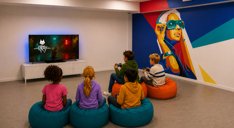 Ai-genererad bild av fem barn som ser ut att sitta i bibliotekets gameroom och spela tv-spel