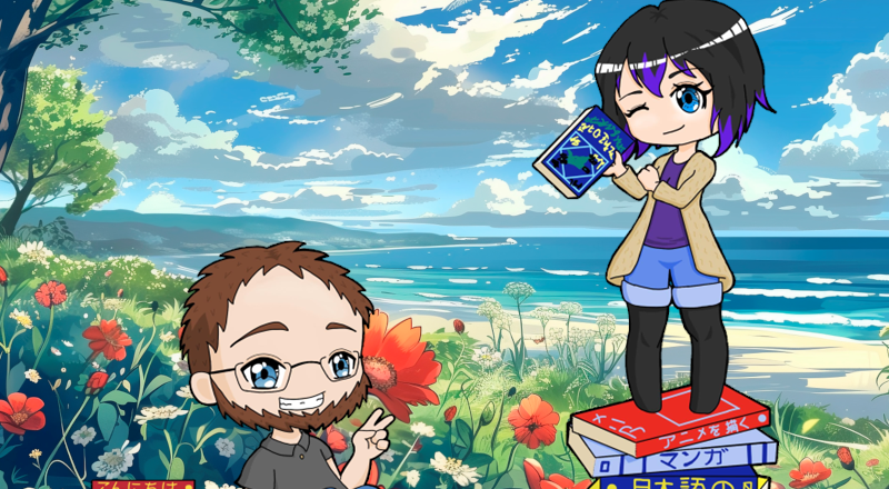 Två mangafigurer vid en strand