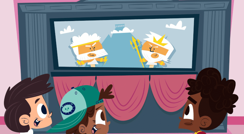 illustration av tre barn som tittar på film