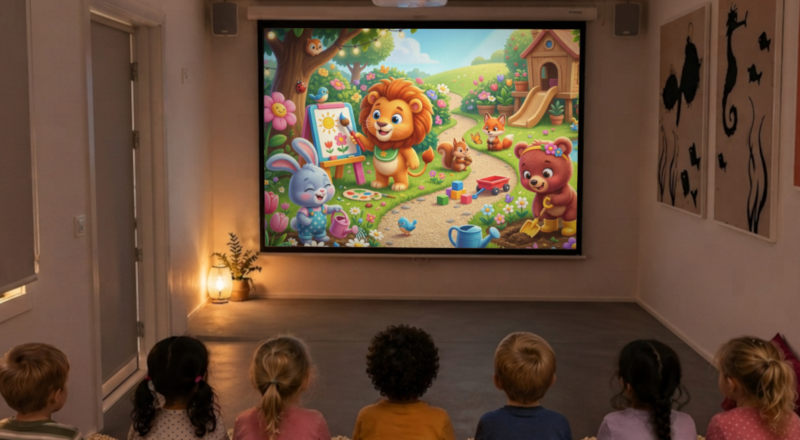 Ai-genererad bild som visar barn som sitter och tittar på tecknad film
