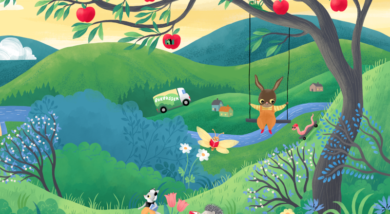 Illustration av Maria Trolle. En sommardag bland gröna kullar där man kan skymta en bokbuss på långt håll