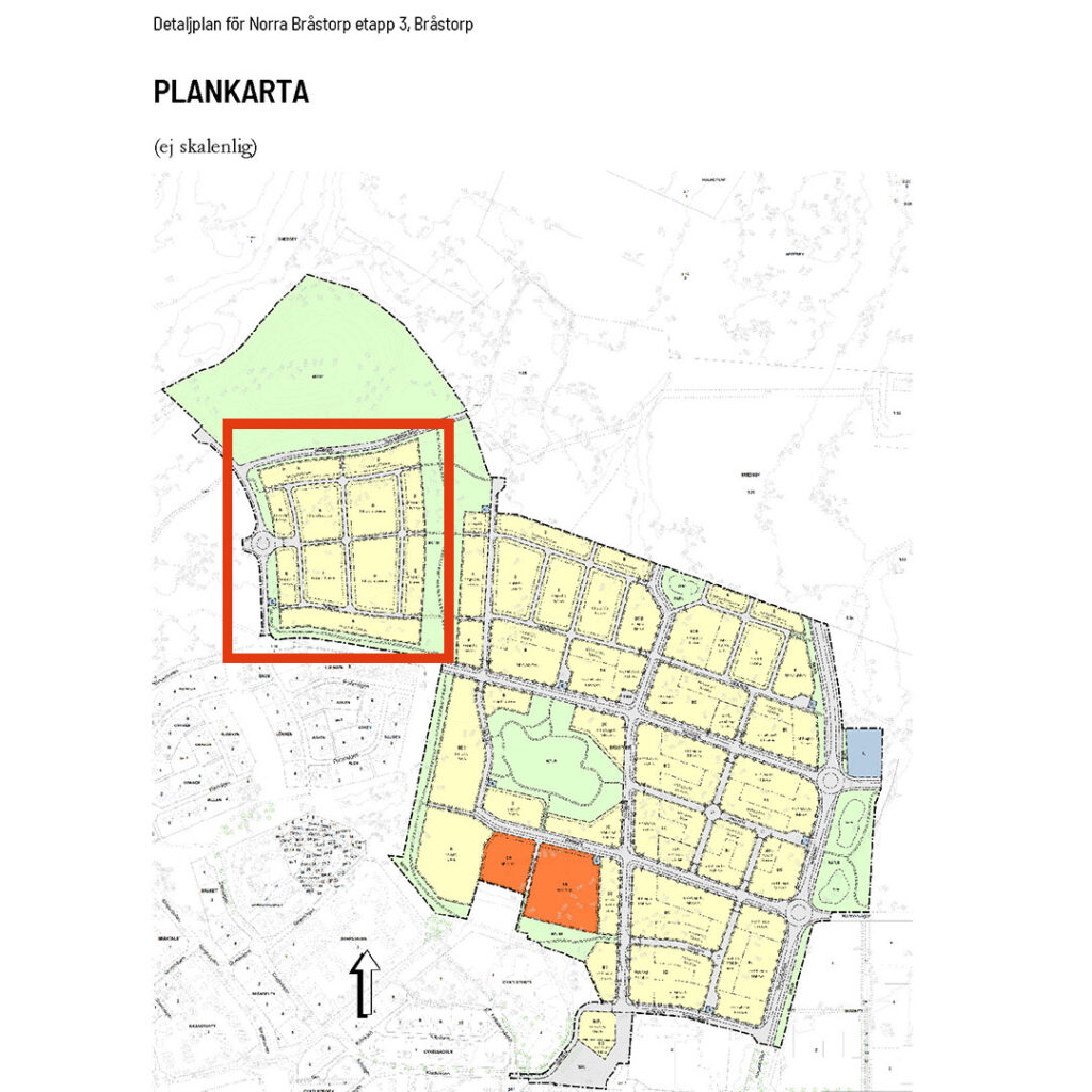 Plankarta över Norra Bråstorp. Röd markering på kartan visar deletapp 1.