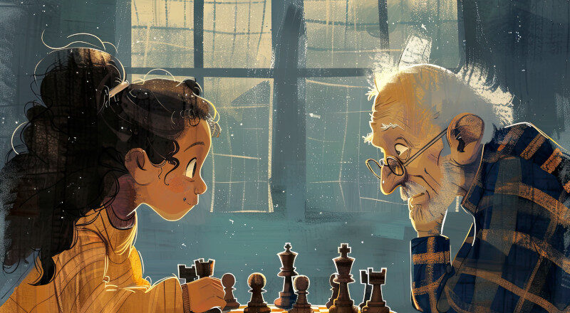 Illustration av flicka som spelar schack med en äldre herre