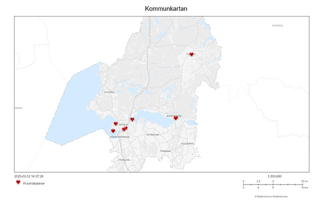 Kartbild som visar var Pusshållplatserna finns i Motala kommun.