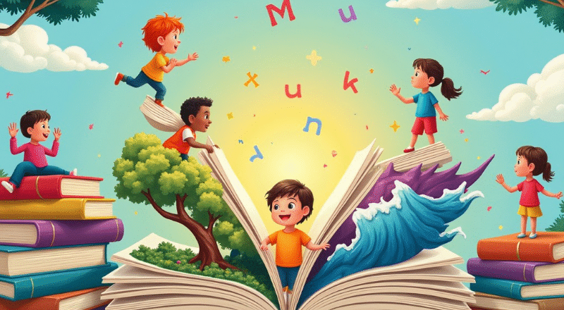 Illustration av en öppen bok som det kommer flygande bokstäver ur samt barn som ser lekfulla ut