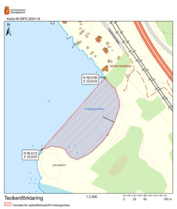 Kartbild med markering som visar området där motordriven sjötrafik är förbjuden.