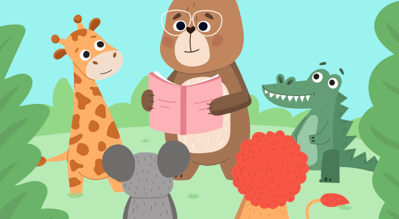 Illustration av en björn som läser och diverse andra djur sitter och lyssnar