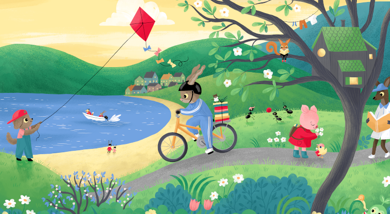 Illustration av Maria Trolle på en kanin som cyklar längs en sjö