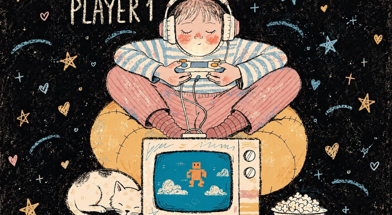 illustration av en flicka som sitter och spelar tv-spel