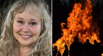 Kvinna och valborgsmässoeld. Kollage.