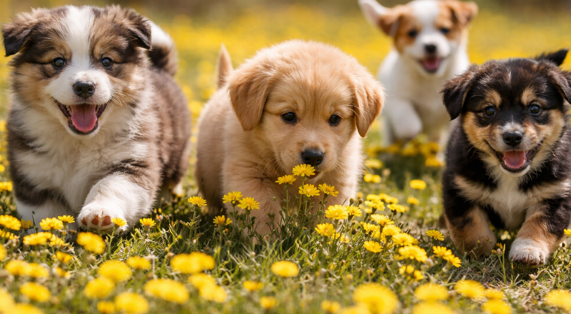 Ai-bild med valpar som springer bland en massa tussilagos