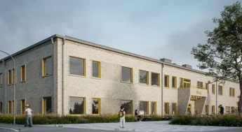 Bild som visar södra entrén på nya Vätternskolan..Visualiseringsbild: What!arkitektur, Arkitekt: Norconsult Sverige AB