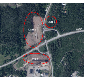 Kartbild över Erstorp med markering för etapp 1 till 3.