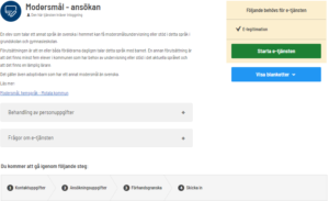 Skärmklipp som visar startsidan för e-tjänsten Modersmål - ansökan.