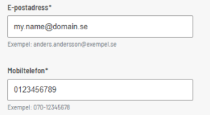 Skärmklipp som visar fält för e-postadress och mobiltelefon.