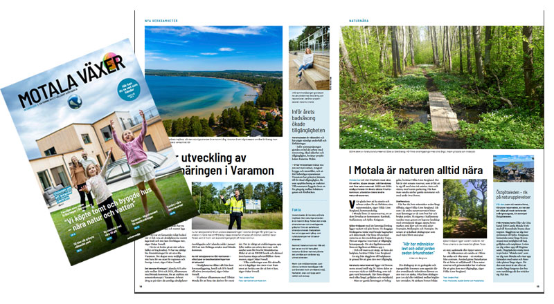 Bildkollage med bilder på tidningen Motala växer - en tidning om ett hållbart sjöstadsliv. Foto.