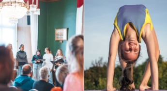 Kör med ungdomar. Gymnast som står i brygga. Kollage.