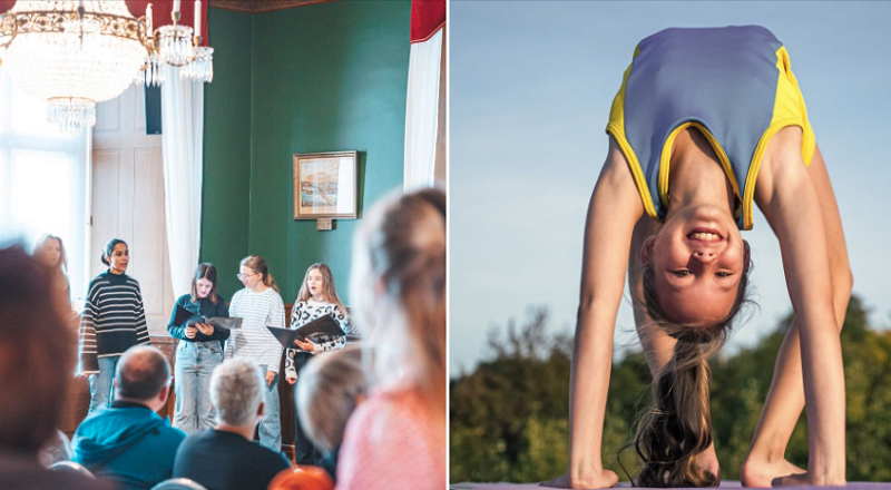 Kör med ungdomar. Gymnast som står i brygga. Kollage.